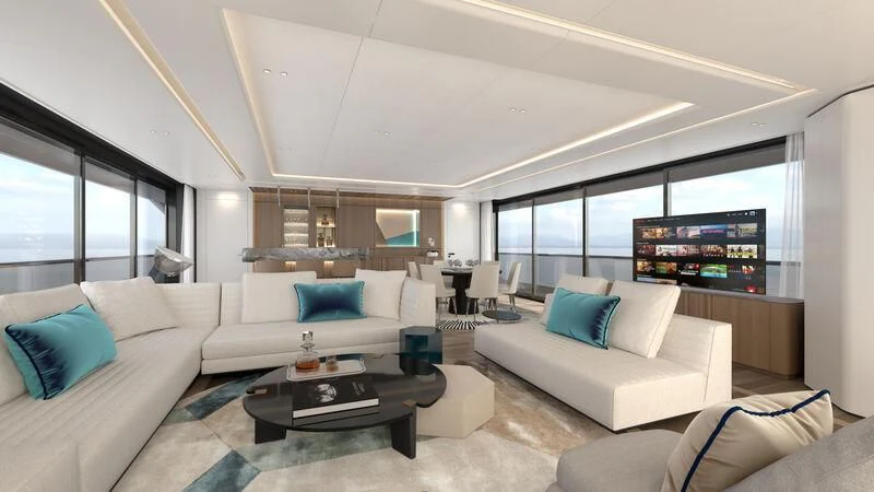 a living room with a large screen aboard AISHA Yacht for Sale
