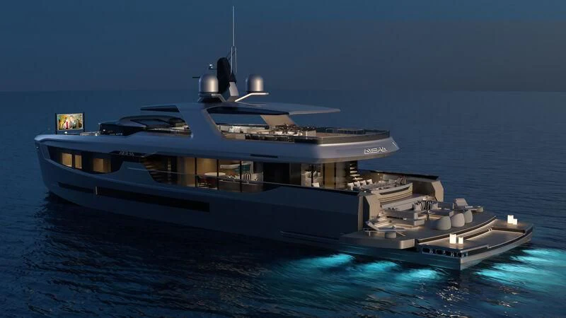 a large ship in the water aboard AISHA Yacht for Sale