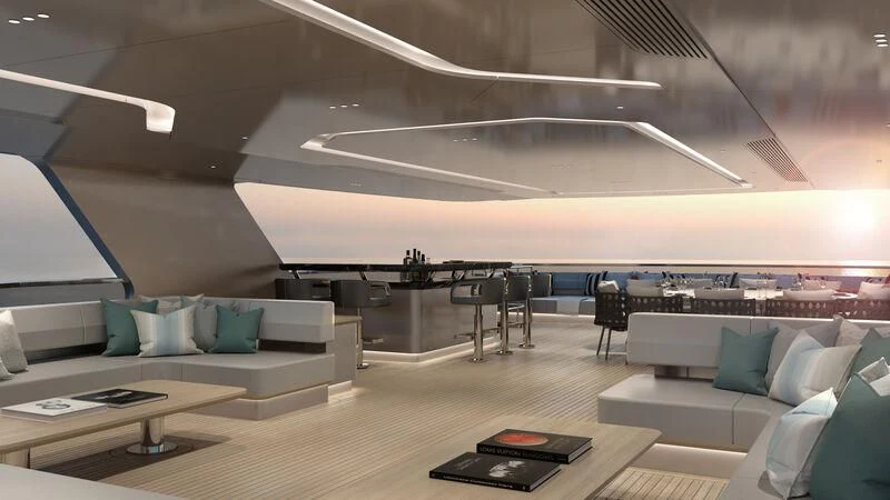 a room with a couch and a table aboard AISHA Yacht for Sale