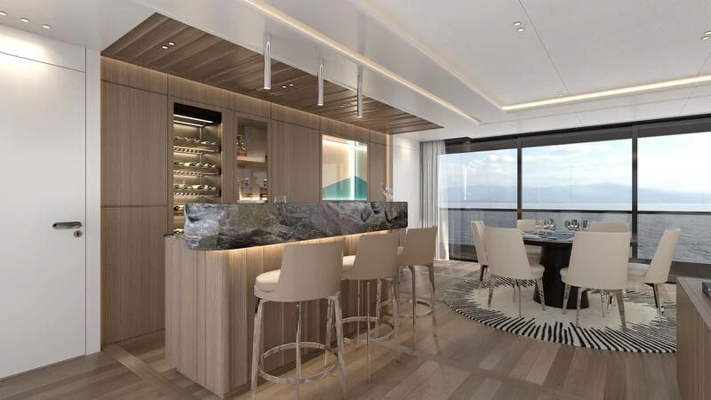 a room with a table and chairs aboard AISHA Yacht for Sale