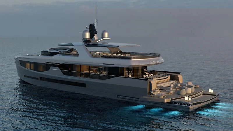 a large ship in the water aboard AISHA Yacht for Sale