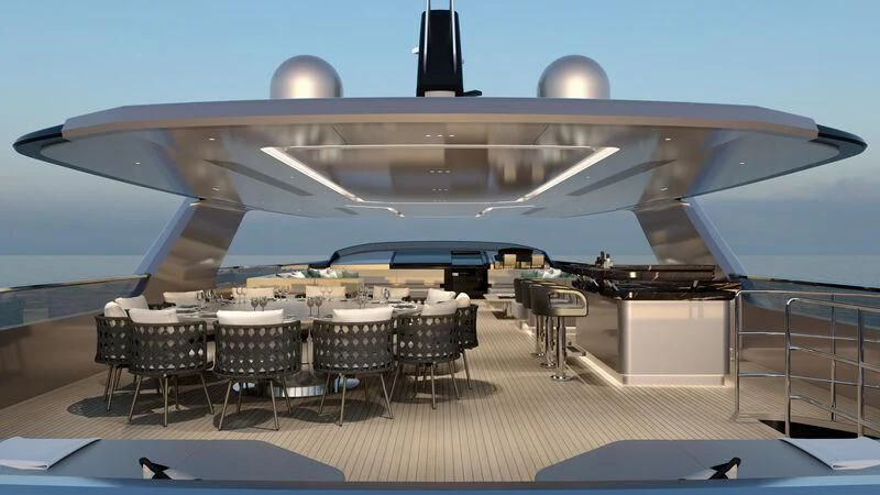 a large white building with a large space ship on top aboard AISHA Yacht for Sale