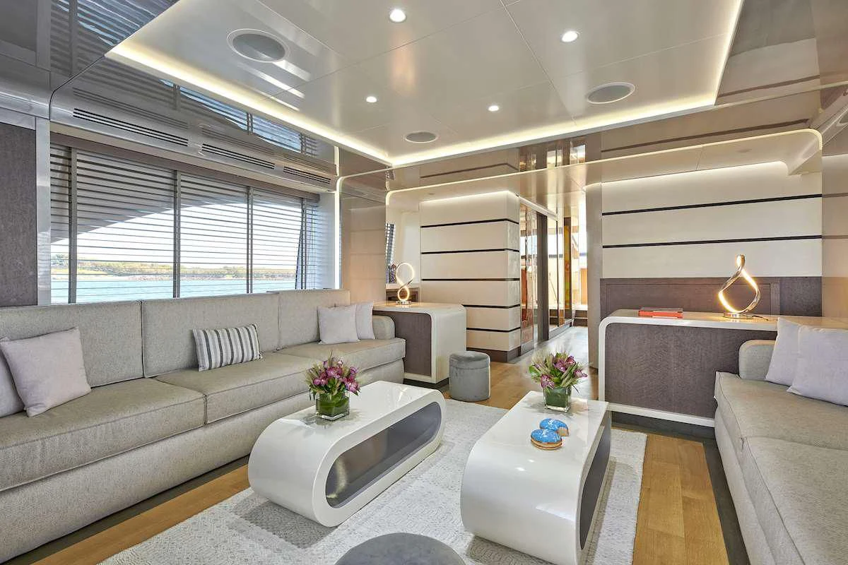 a living room with a large window aboard LA FENICE Yacht for Charter