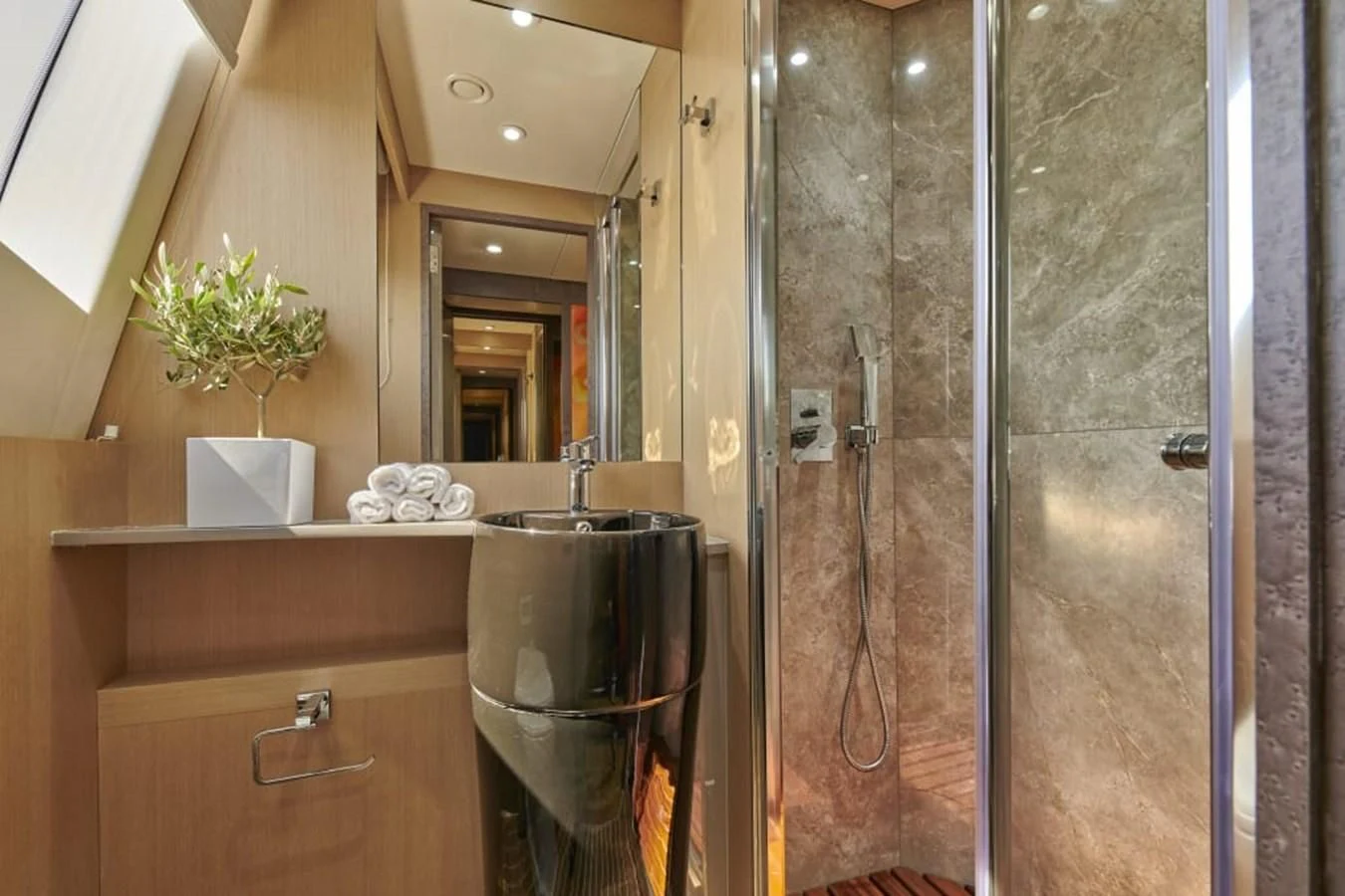 a bathroom with a glass shower aboard LA FENICE Yacht for Charter