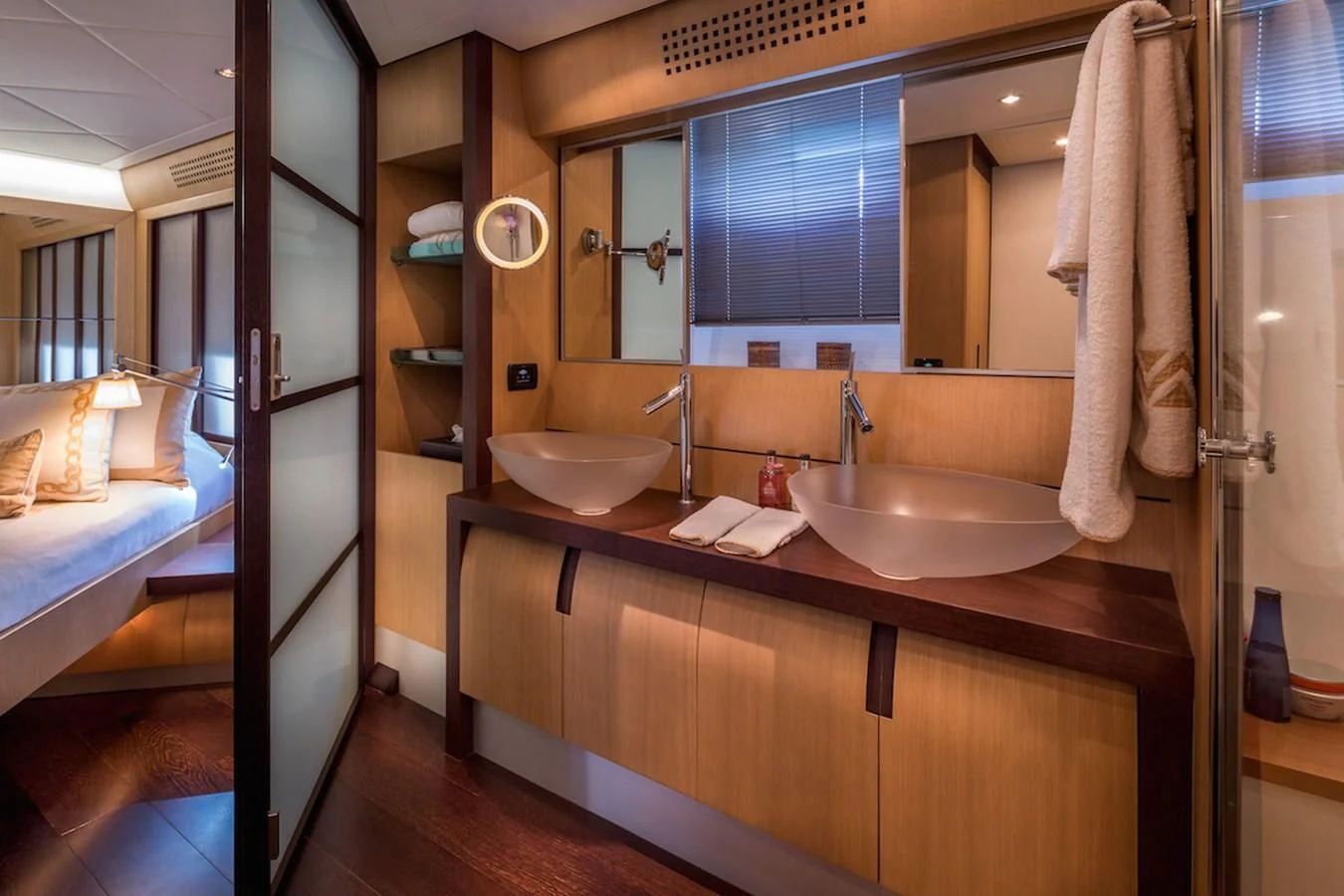 a bathroom with a sink and a mirror aboard ONE Yacht for Charter