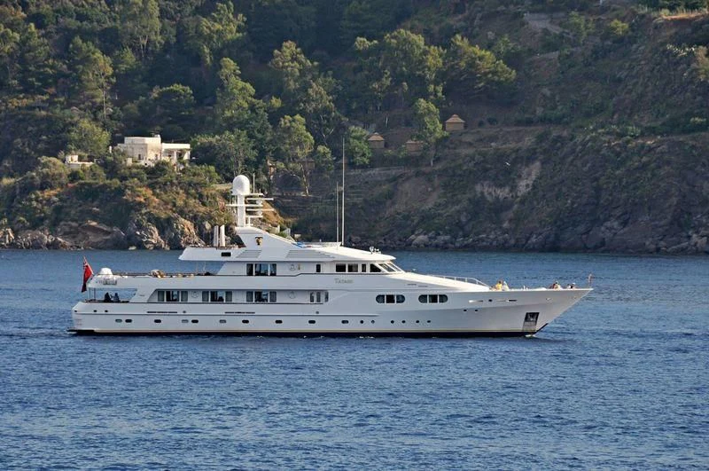 a white boat on the water aboard TATASU Yacht for Sale