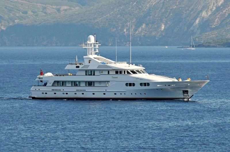 a white yacht in the water aboard TATASU Yacht for Sale