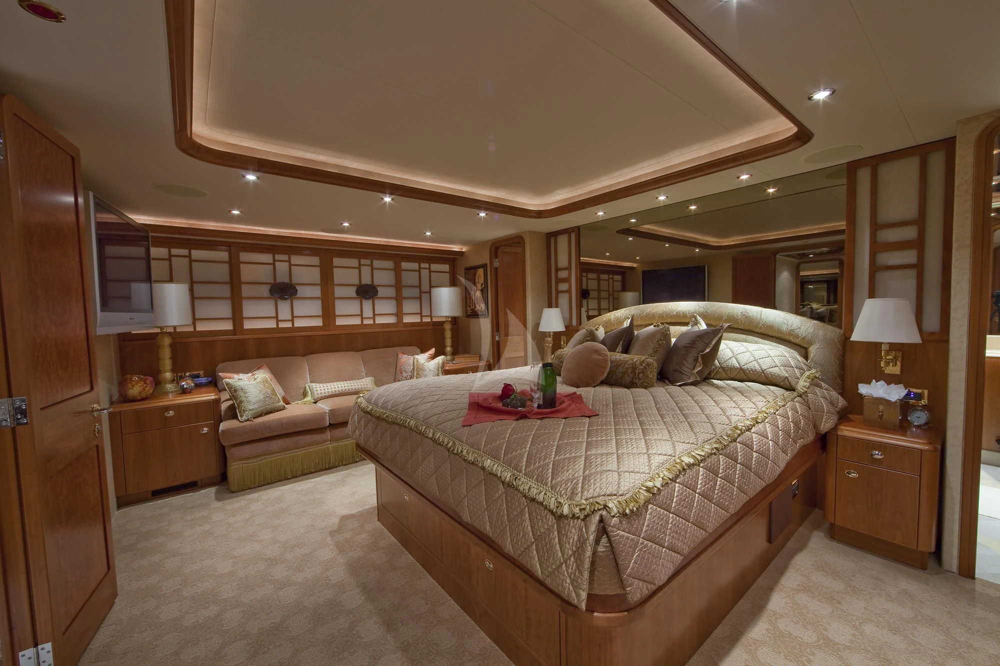 a large bedroom with a large bed aboard LADY GRACE Yacht for Sale