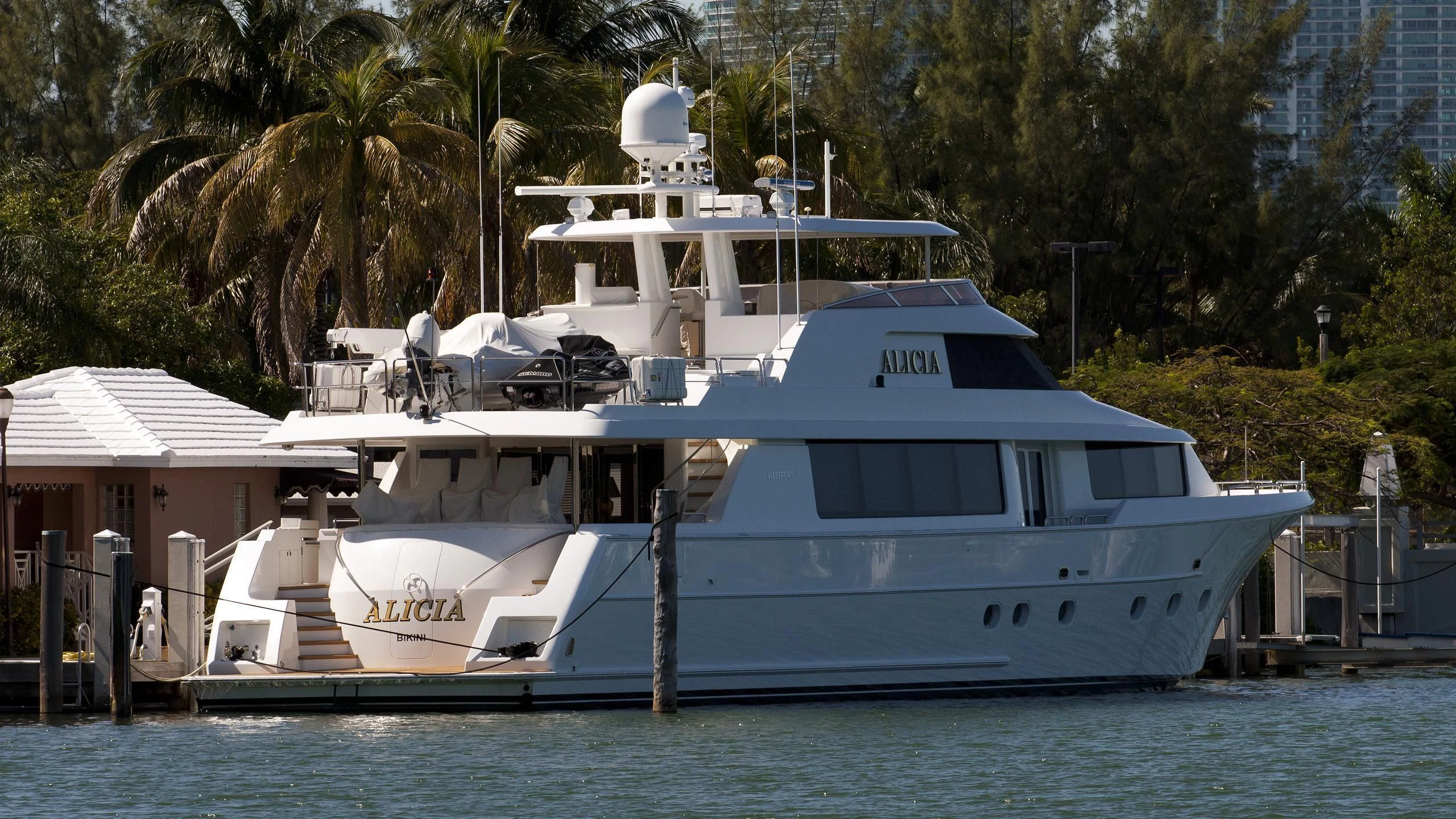 a boat docked at a pier aboard LADY GRACE Yacht for Sale