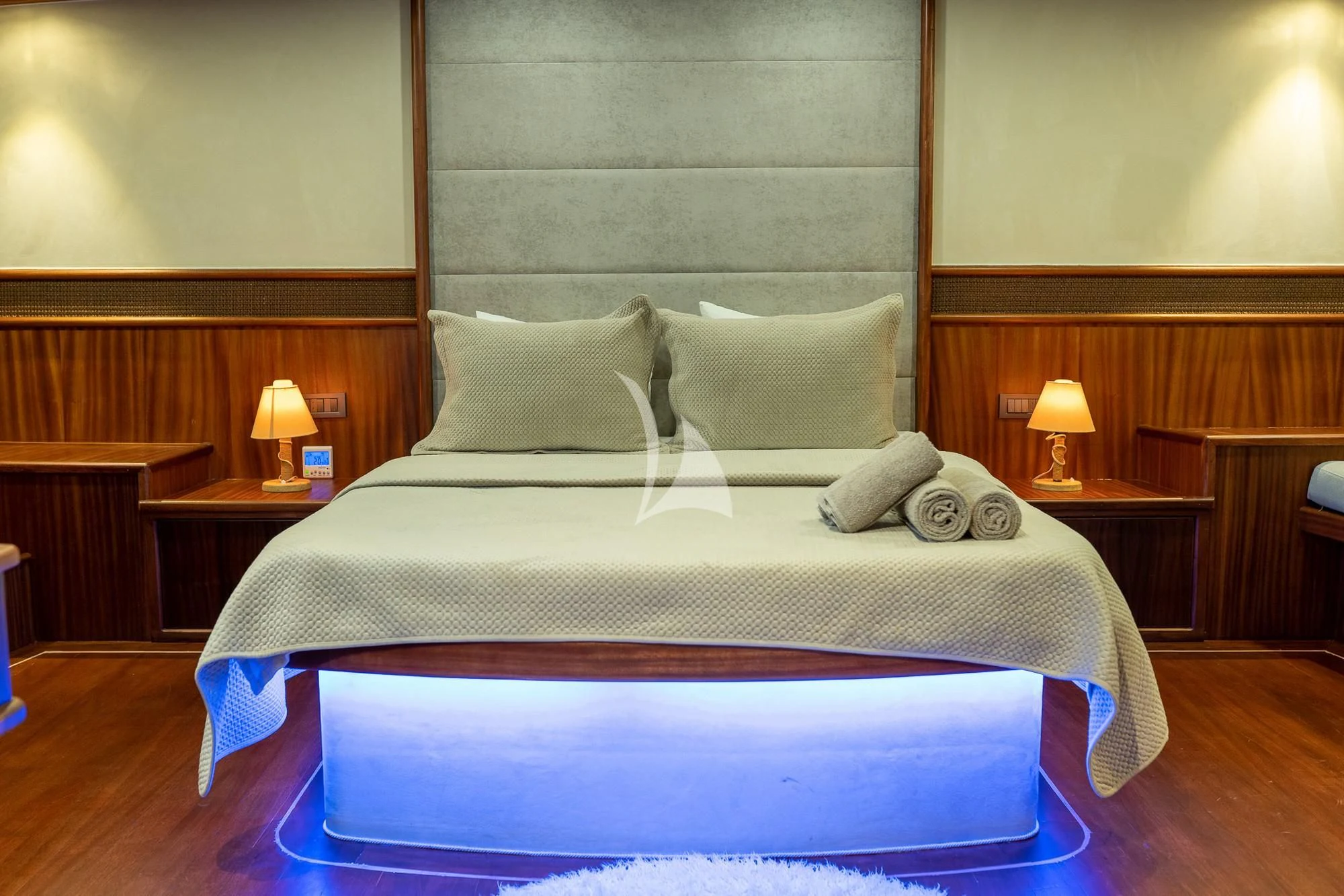 a bed with pillows on it aboard NEVRA QUEEN Yacht for Sale