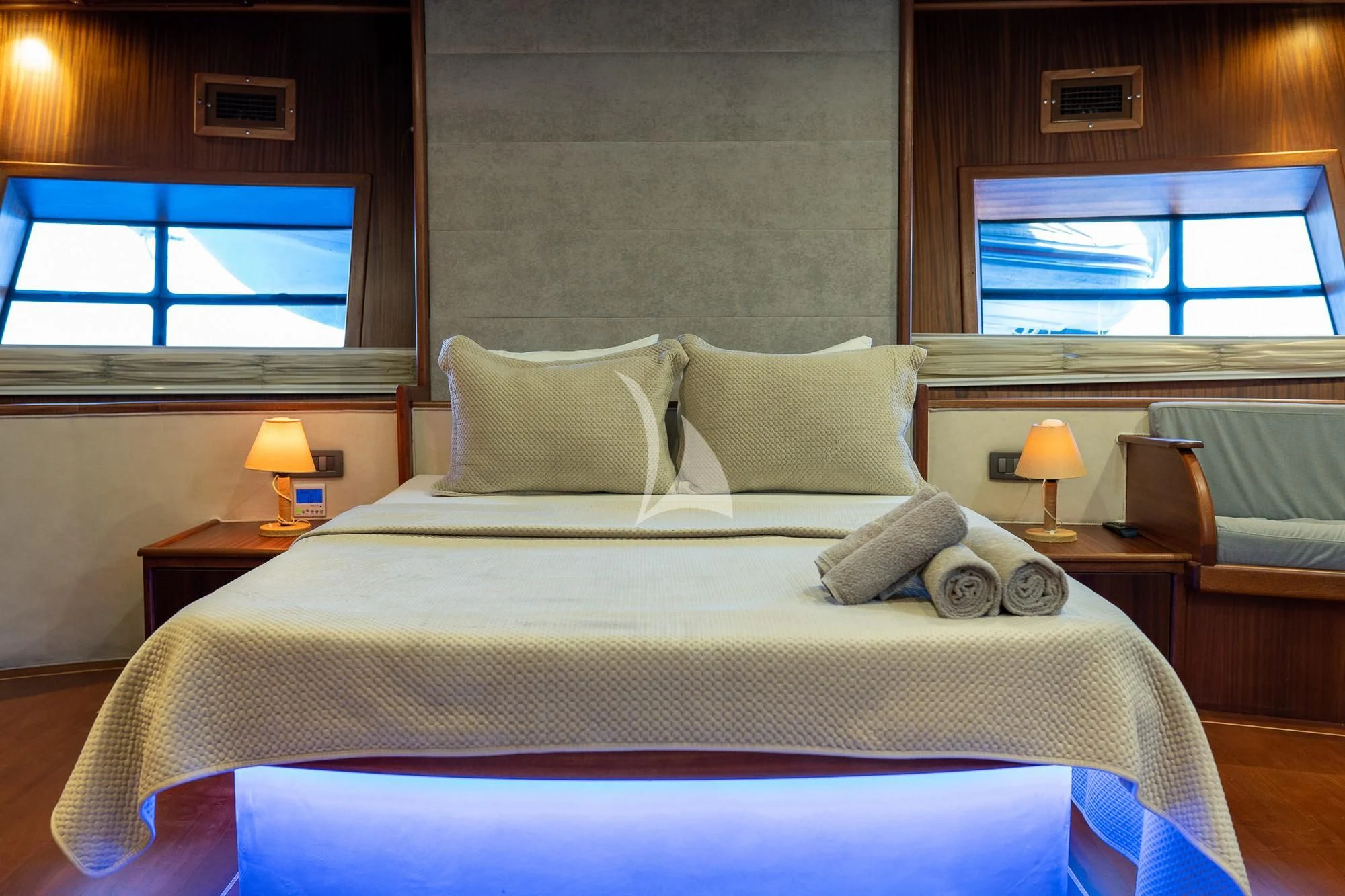 a bed with pillows and pillows aboard NEVRA QUEEN Yacht for Sale