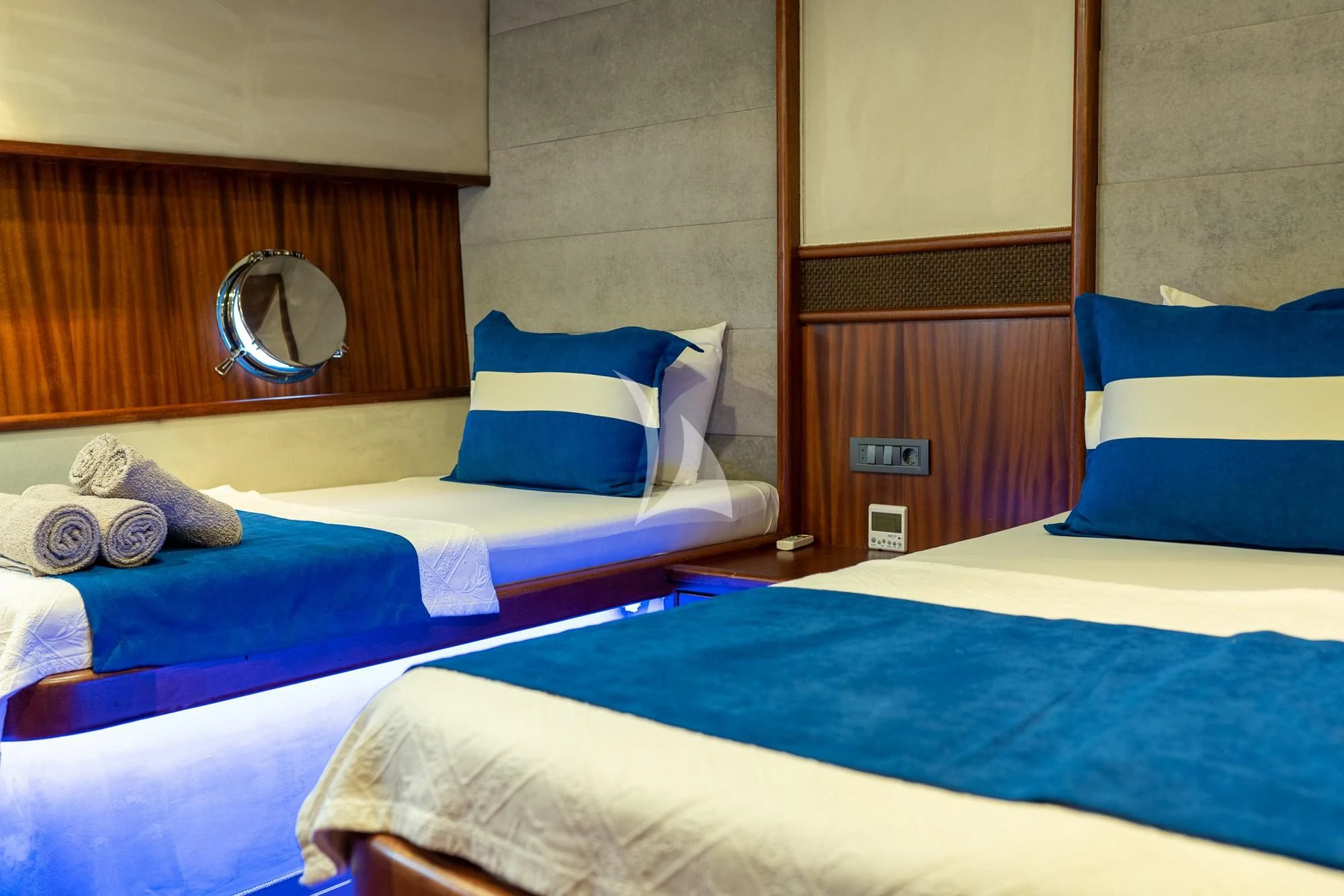 a couple of beds in a room aboard NEVRA QUEEN Yacht for Sale