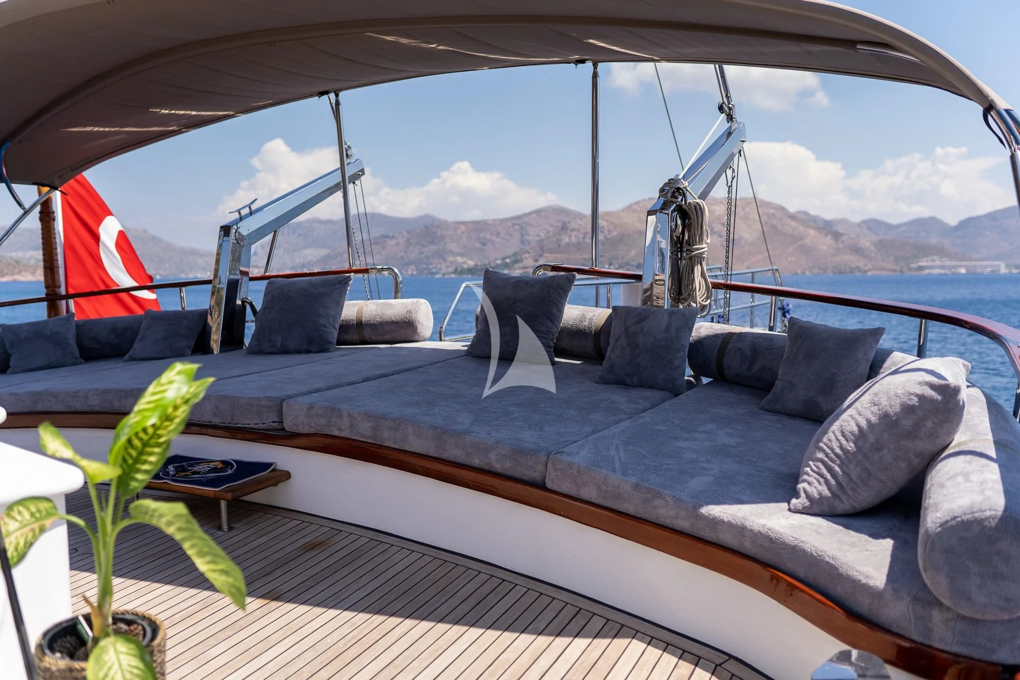 a boat with a blue cover and pillows on a deck with a plant and a plant aboard NEVRA QUEEN Yacht for Sale