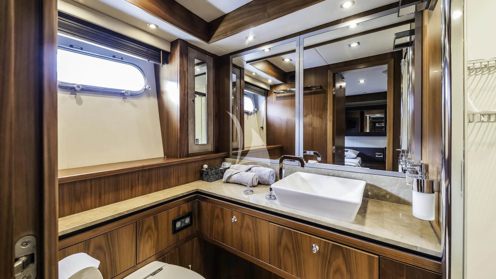 a bathroom with a large mirror aboard THE BEST WAY Yacht for Sale