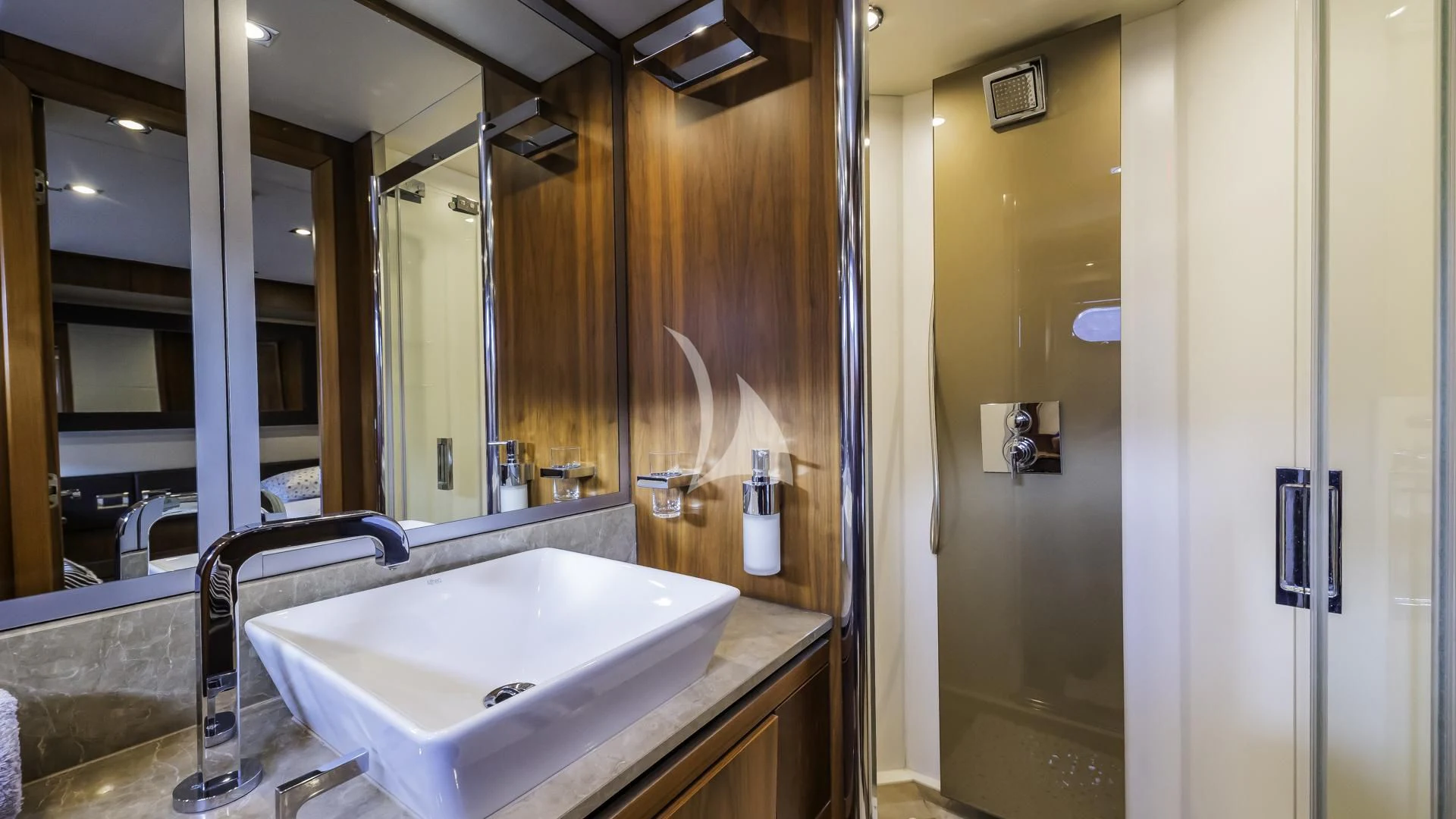a bathroom with a sink and a mirror aboard THE BEST WAY Yacht for Sale