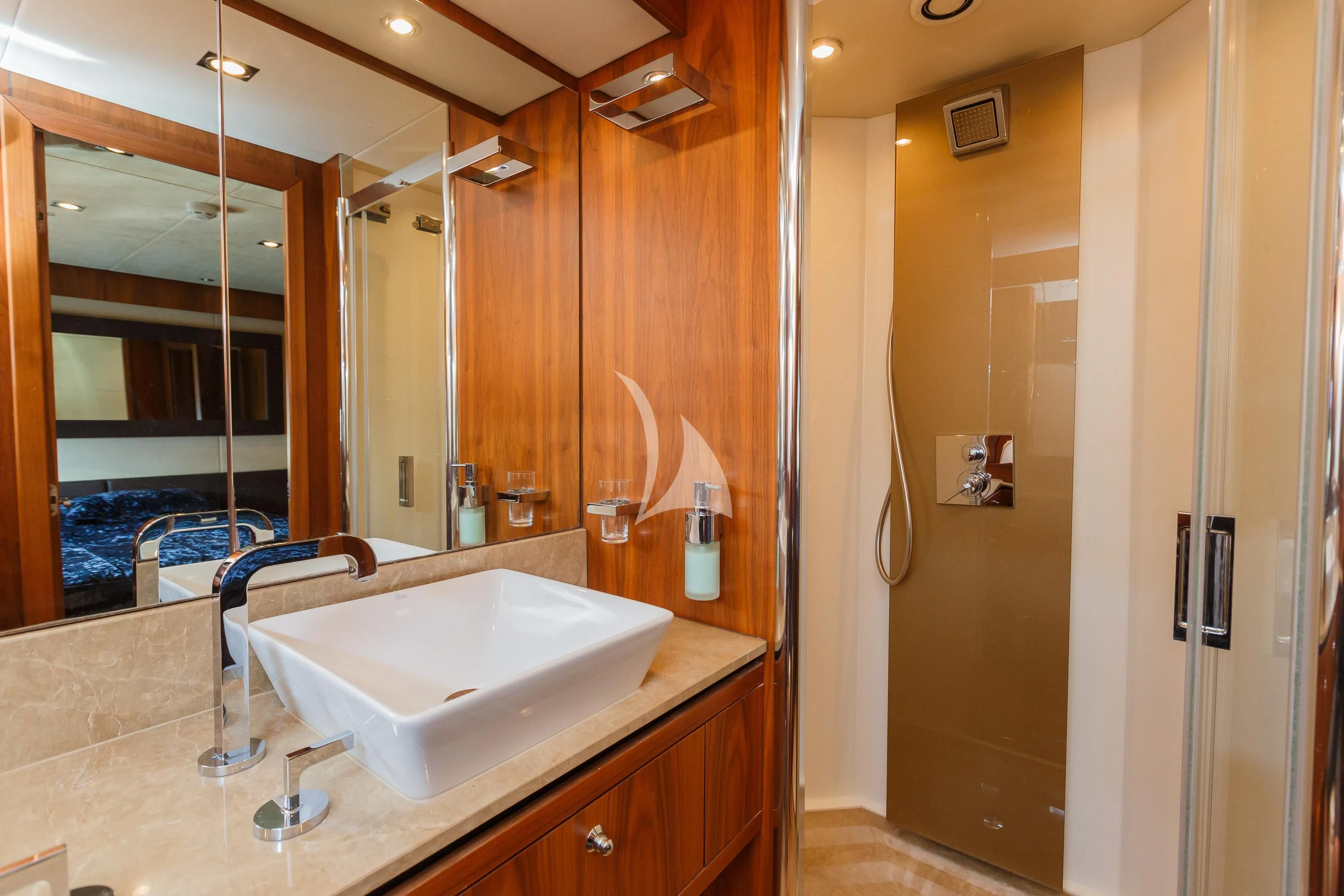 a bathroom with a large mirror aboard THE BEST WAY Yacht for Sale