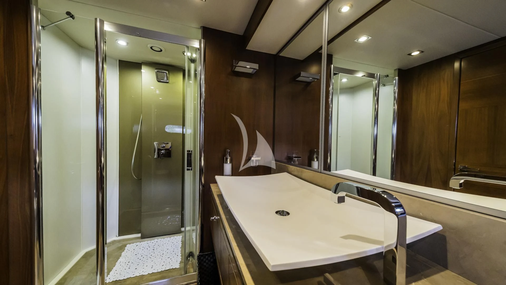 a bathroom with a large mirror aboard THE BEST WAY Yacht for Sale