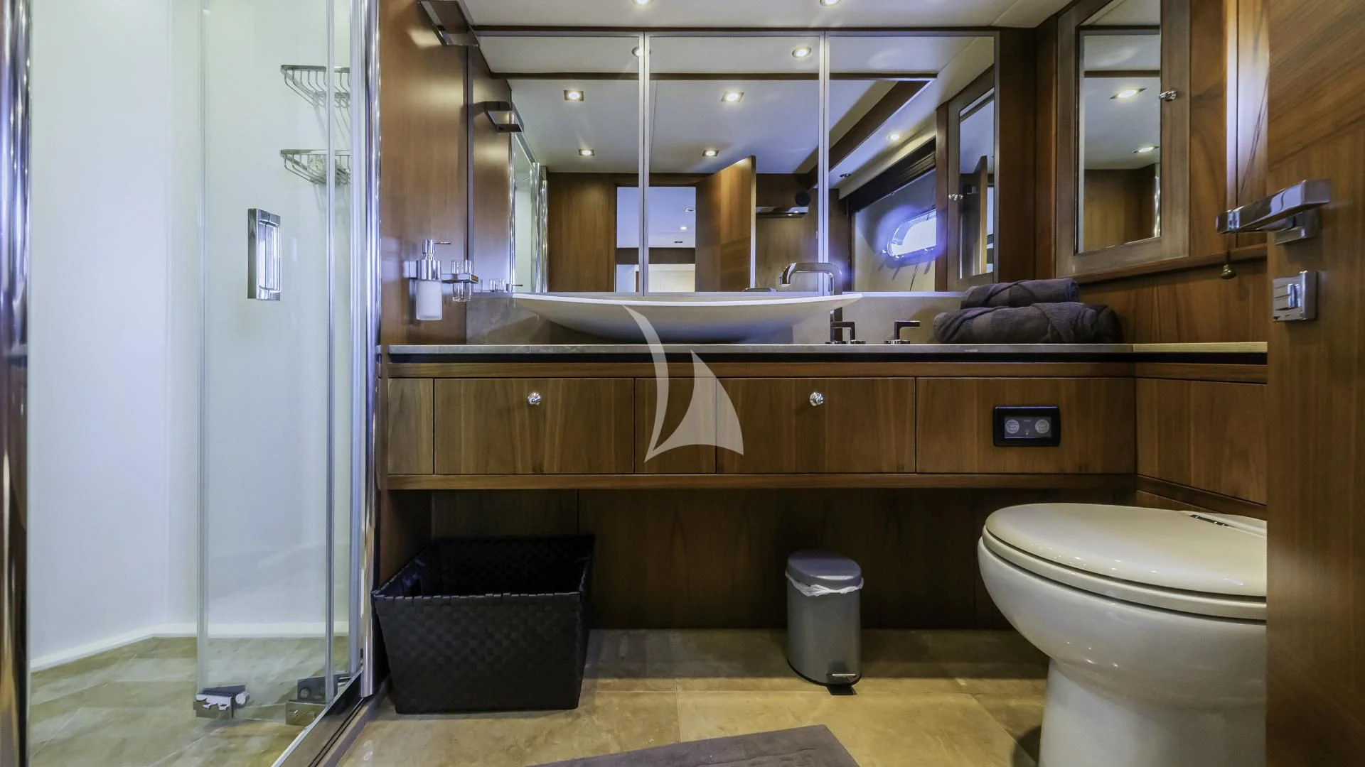 a bathroom with a large mirror aboard THE BEST WAY Yacht for Sale