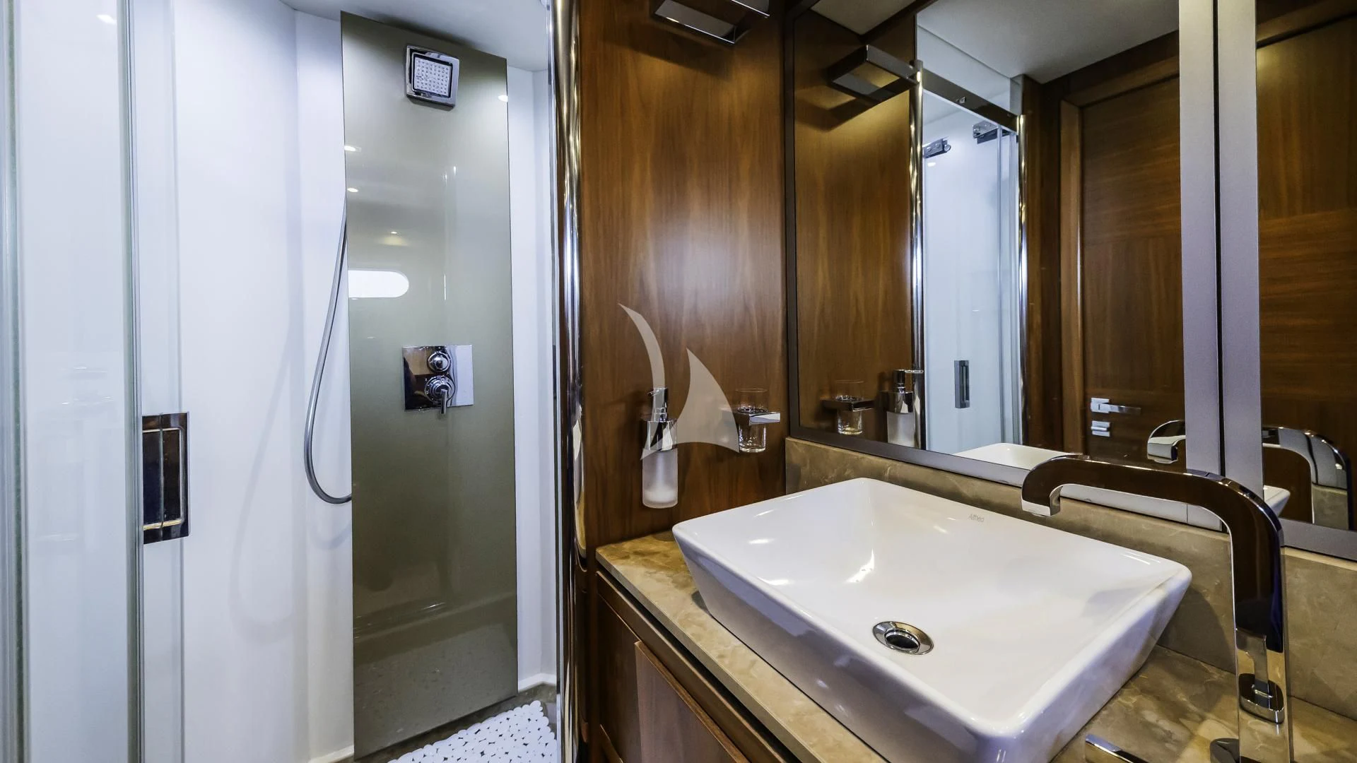 a bathroom with a sink and a mirror aboard THE BEST WAY Yacht for Sale