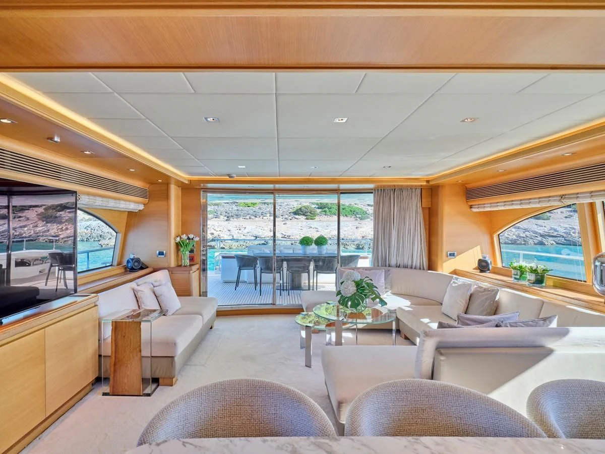 a living room with a large window aboard SEVEN S Yacht for Charter