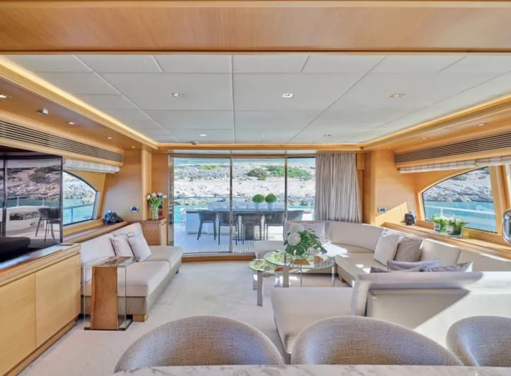 a living room with a large window aboard SEVEN S Yacht for Charter