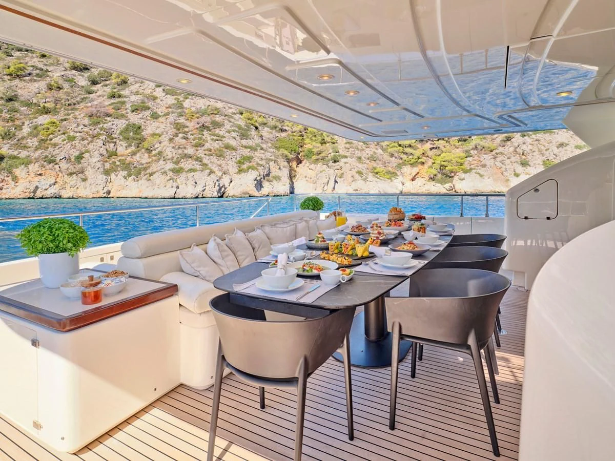 a table with food on it aboard SEVEN S Yacht for Charter