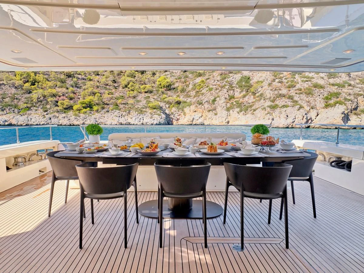 a table with food on it aboard SEVEN S Yacht for Charter
