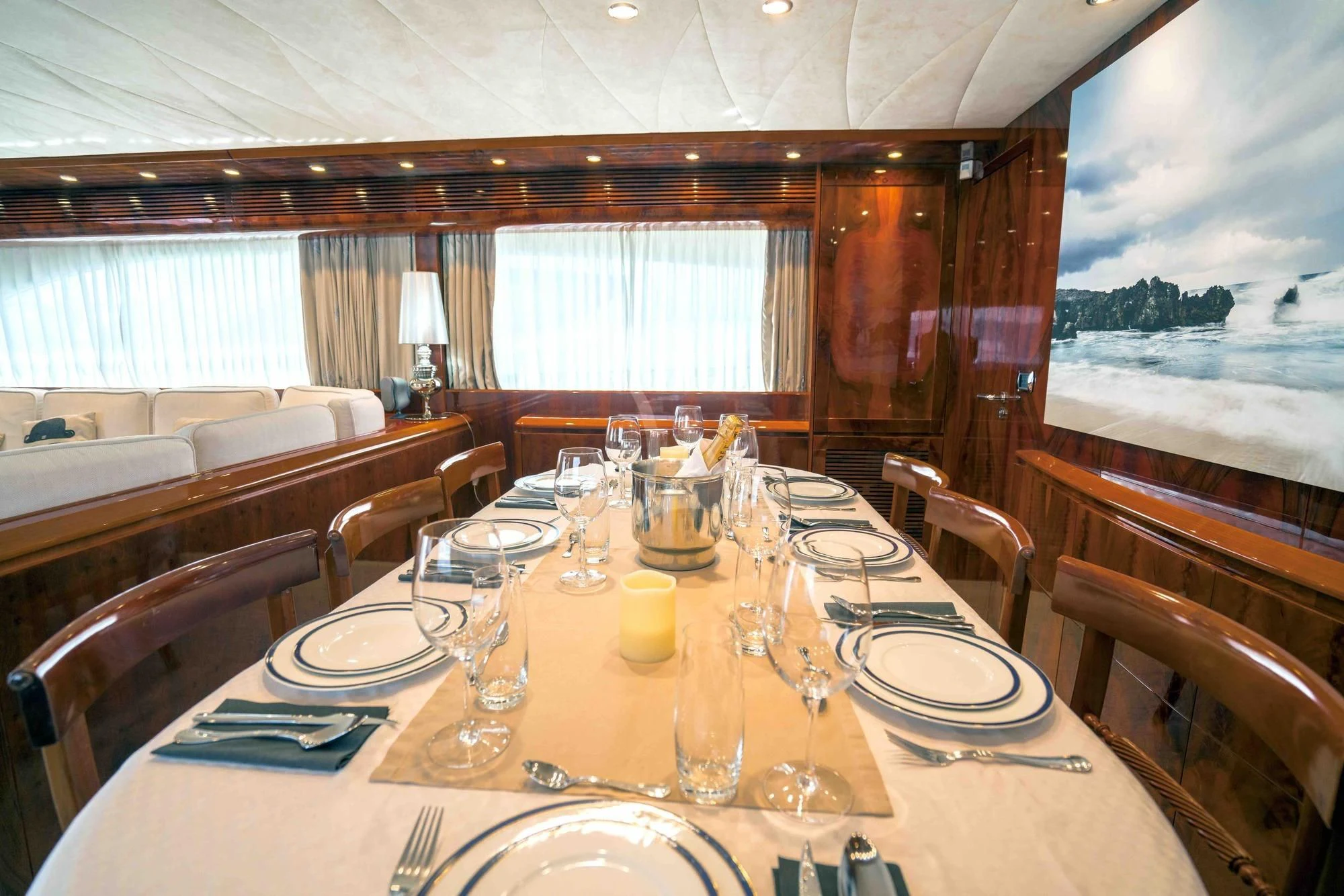 a table set for a dinner aboard KIAWAH II Yacht for Sale