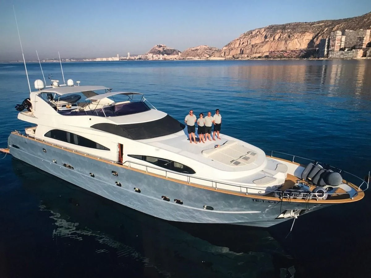 a group of people standing on a boat in the water aboard KIAWAH II Yacht for Sale