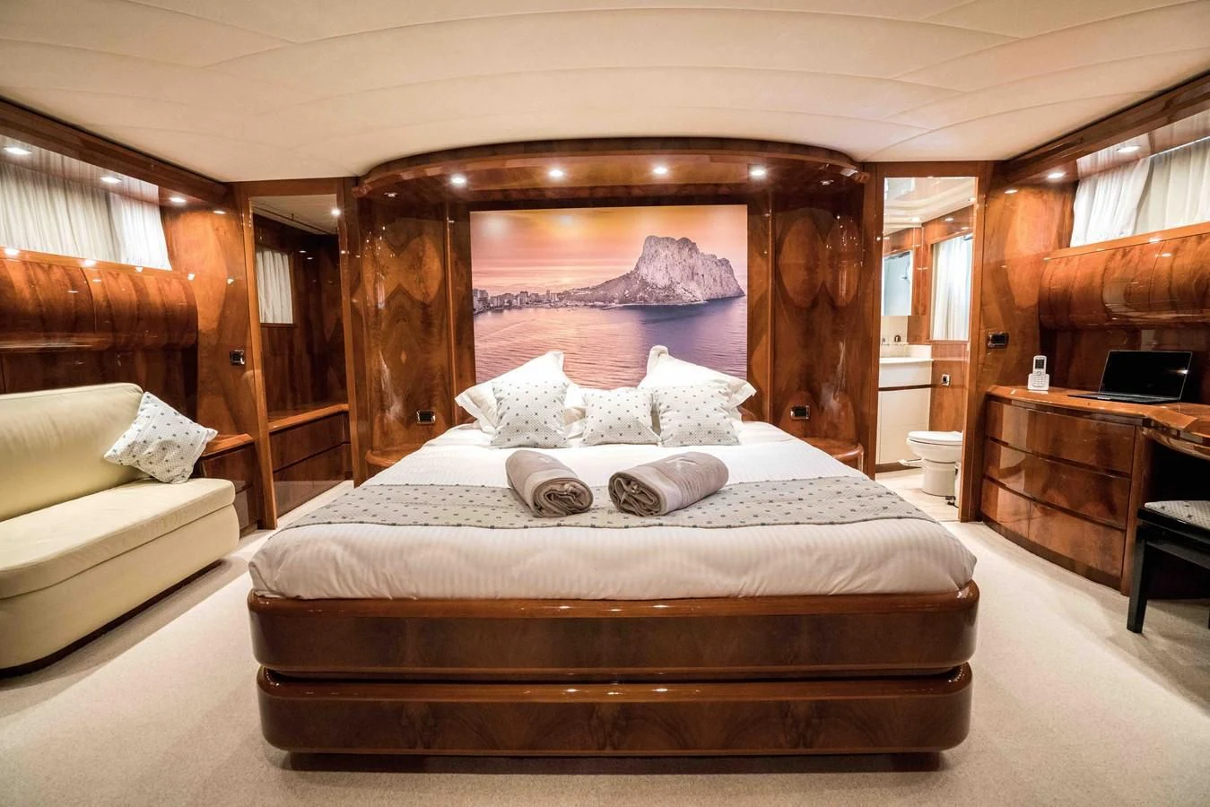 a bed in a room aboard KIAWAH II Yacht for Sale