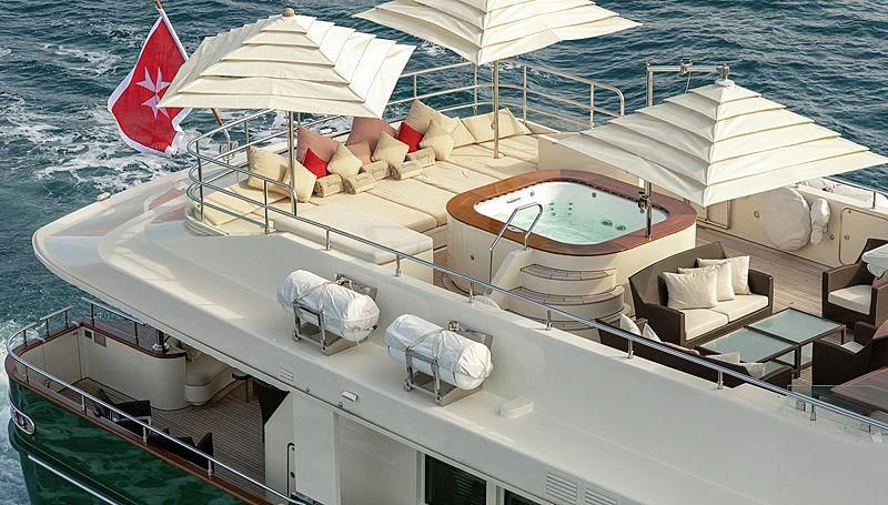 a boat with a red flag aboard W EXPLORER Yacht for Sale