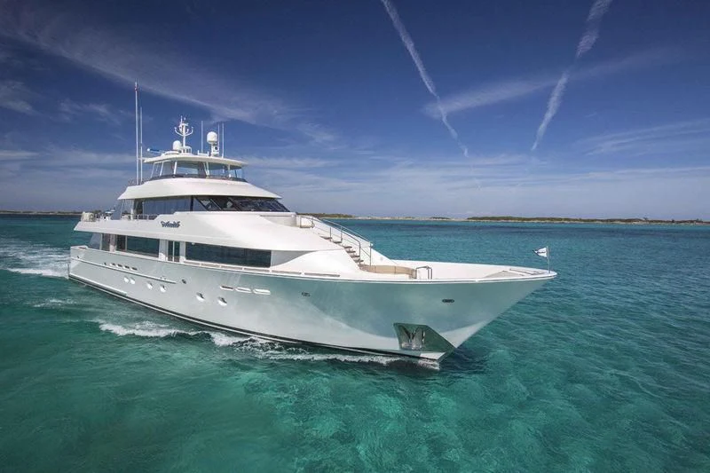 a large white ship in the water aboard TRUST FUN Yacht for Sale