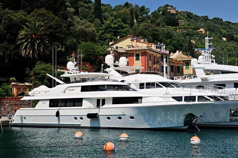 a white yacht in the water aboard BRAVO ZULU Yacht for Sale