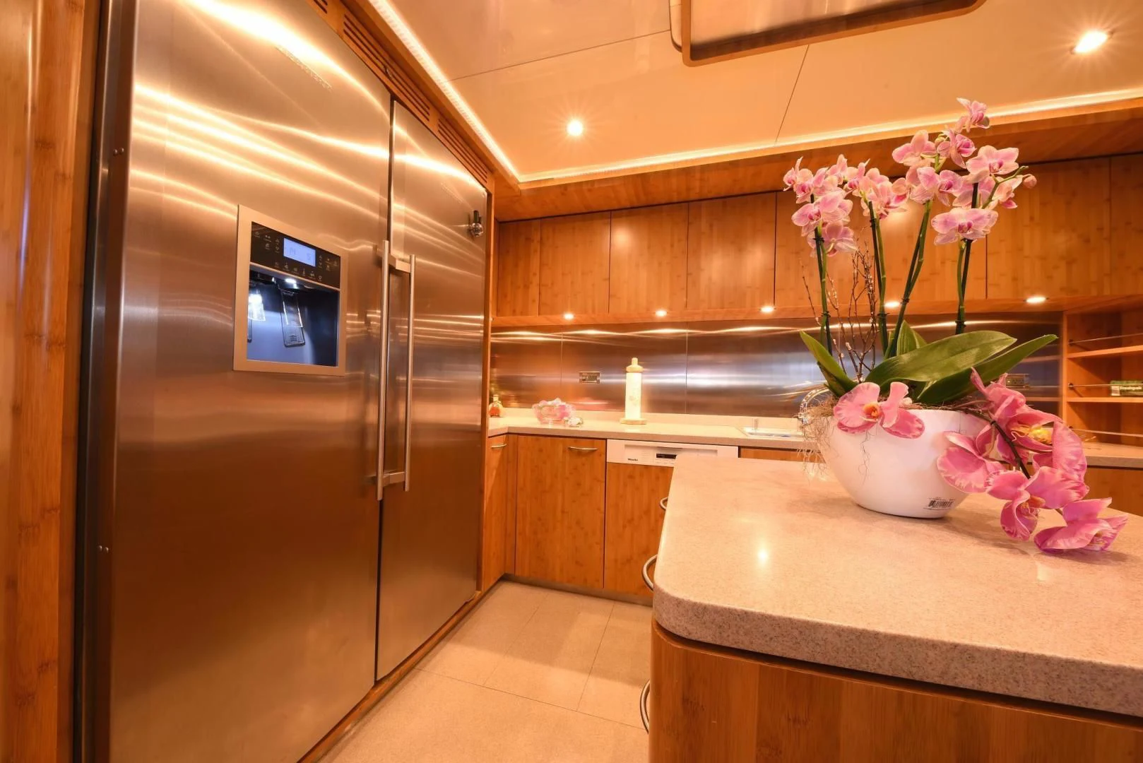 a kitchen with a large glass shower aboard KIMBERLIE Yacht for Sale