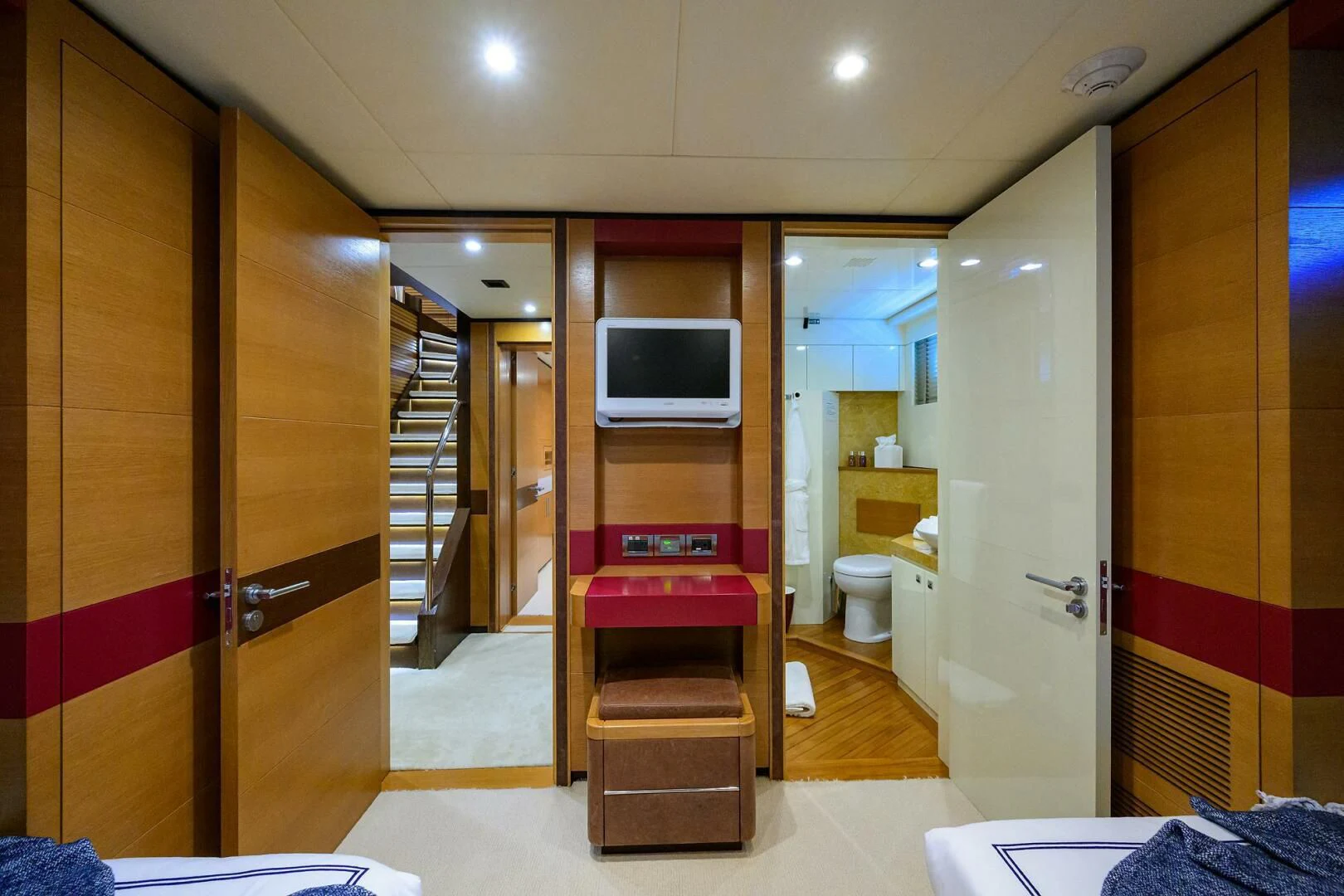 a bathroom with a wood cabinet aboard KIMBERLIE Yacht for Sale