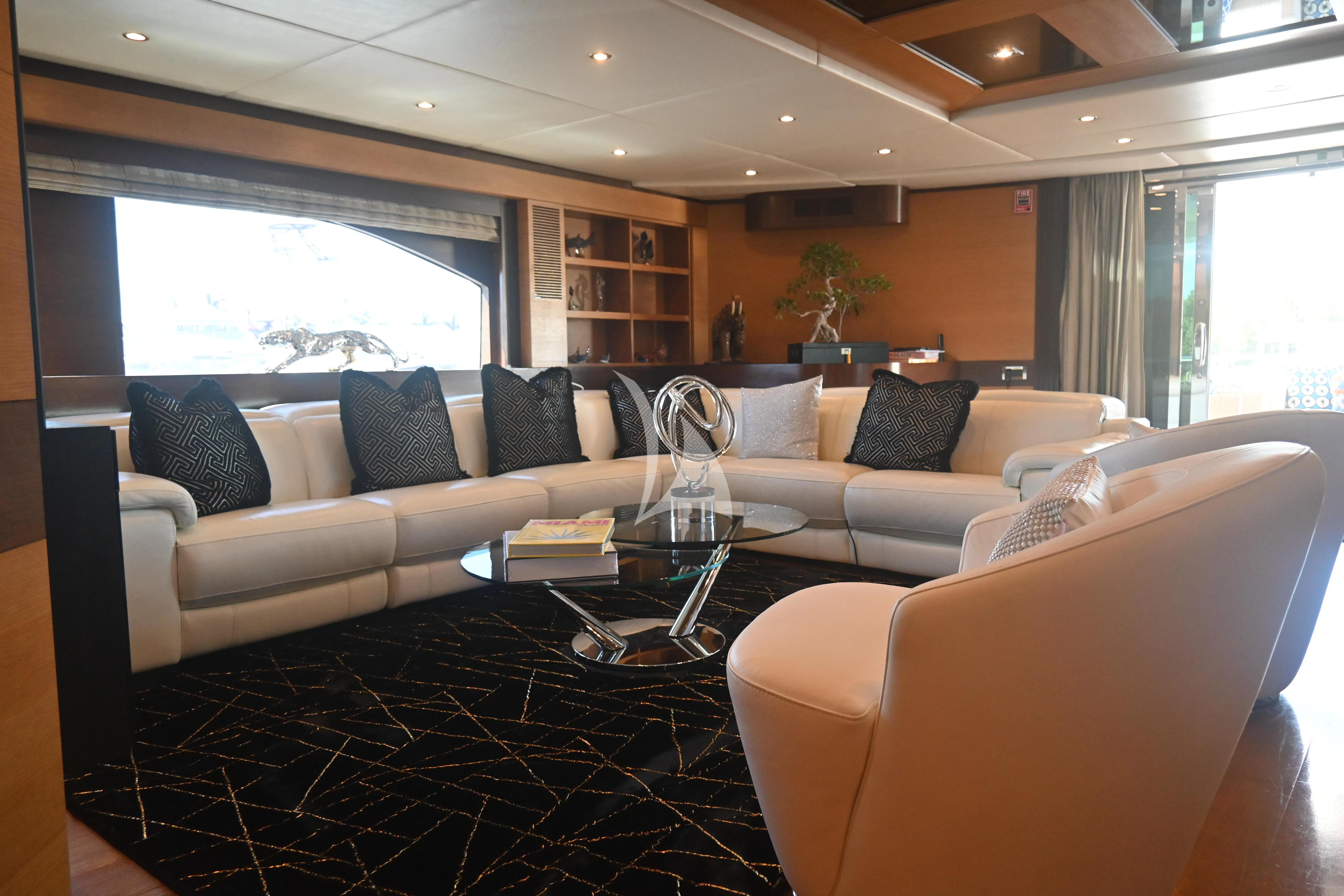 a living room with a large window aboard KIMBERLIE Yacht for Sale