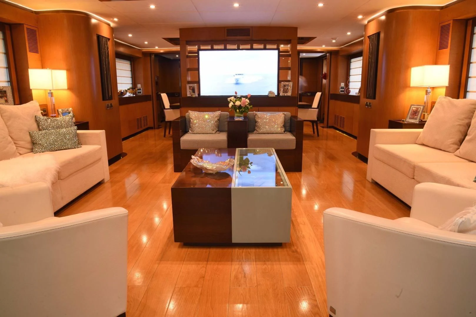 a living room with a large television aboard KIMBERLIE Yacht for Sale