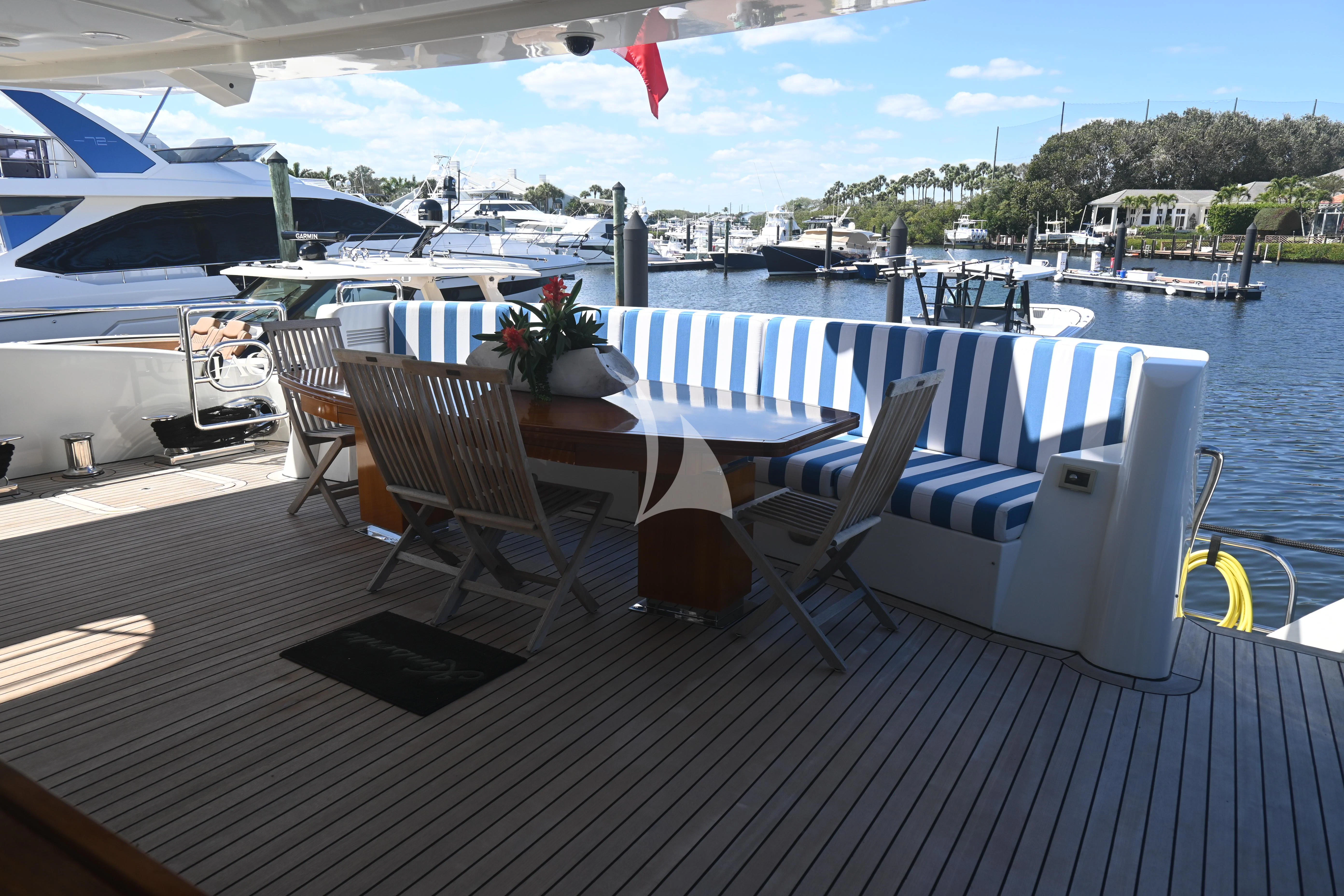 a deck with chairs and tables on it aboard KIMBERLIE Yacht for Sale