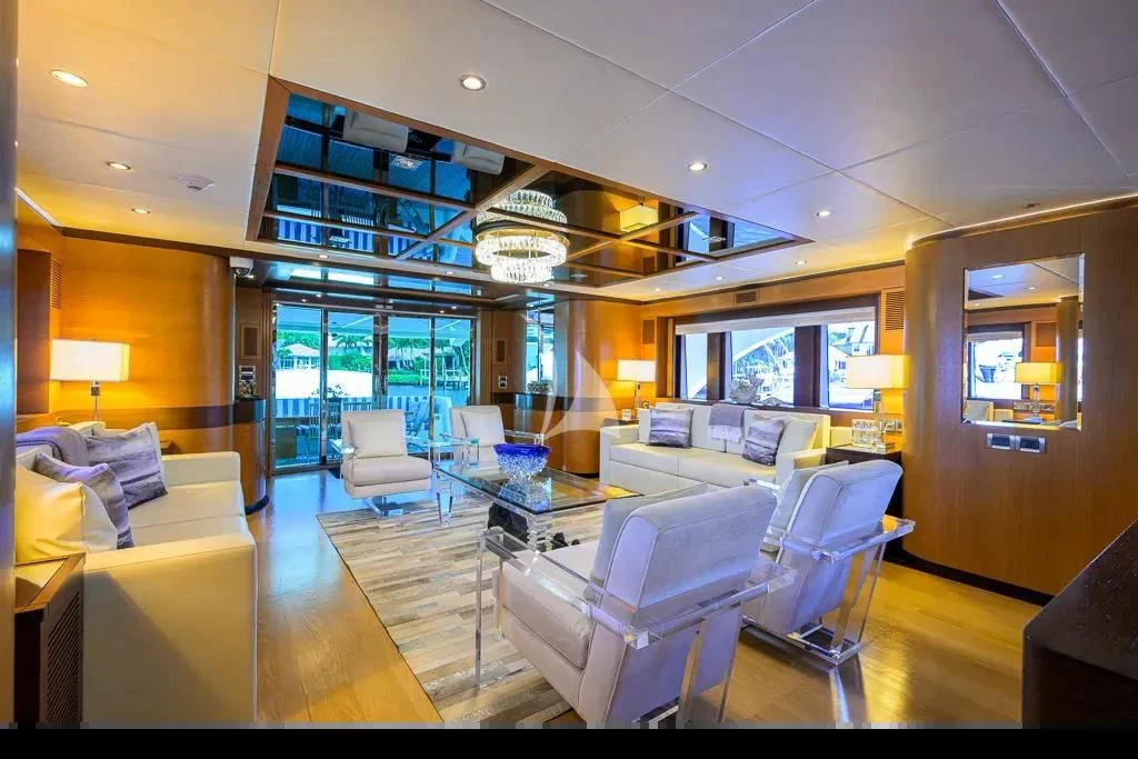 a living room with a large window aboard KIMBERLIE Yacht for Sale