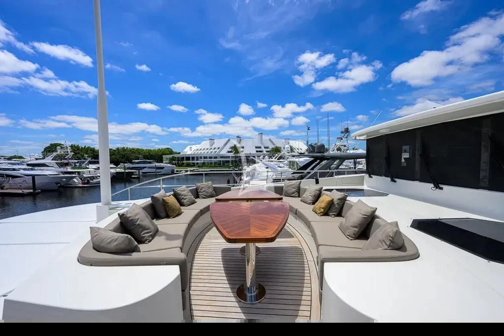 a rooftop with a view of the water and boats aboard KIMBERLIE Yacht for Sale