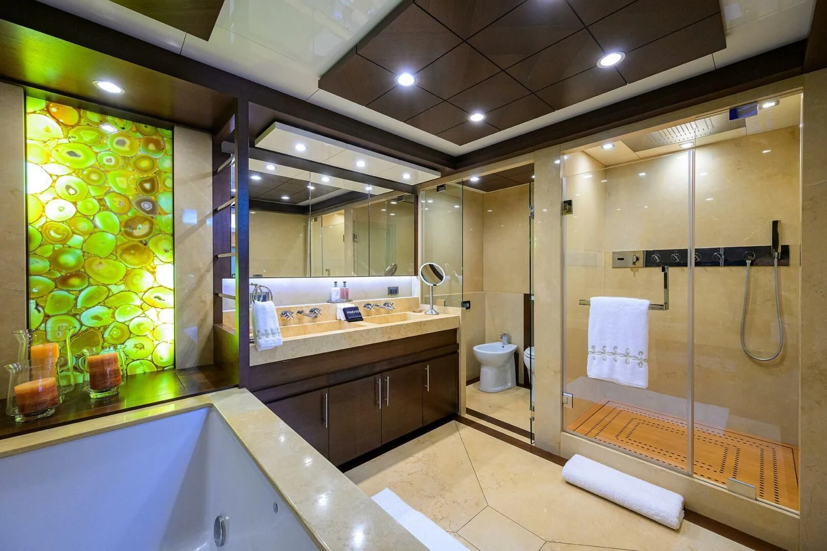 a bathroom with a glass shower aboard KIMBERLIE Yacht for Sale
