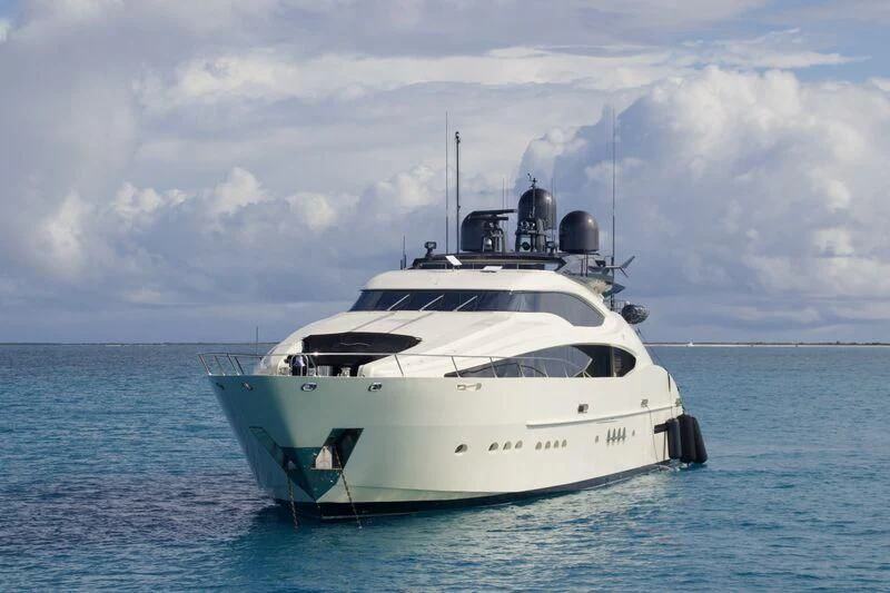 a white yacht in the water aboard STEALTH Yacht for Sale