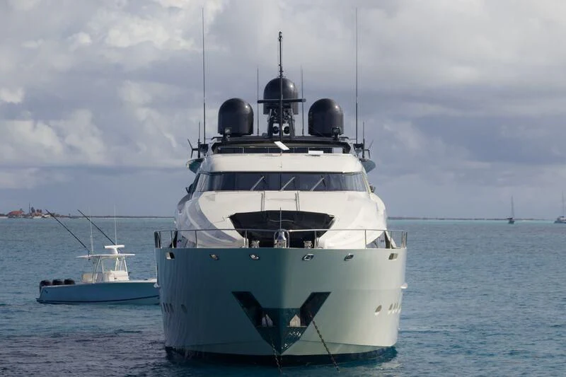 a large white boat in the water aboard STEALTH Yacht for Sale