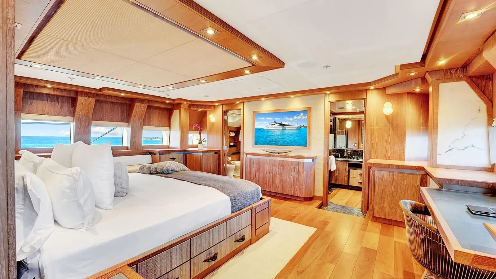 a room with two beds aboard STEALTH Yacht for Sale