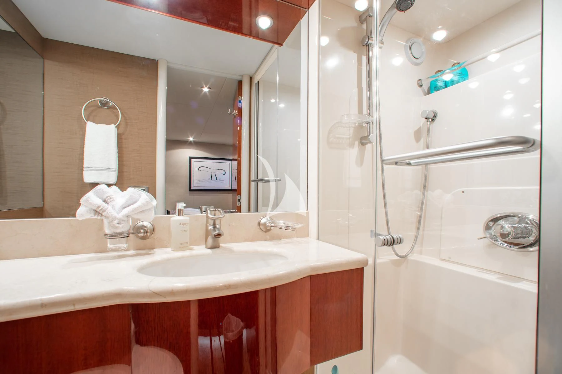 a bathroom with a glass shower aboard SUMMERWIND Yacht for Sale