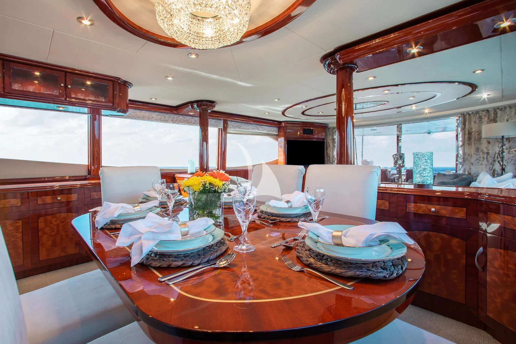a dining room with a table set aboard SUMMERWIND Yacht for Sale