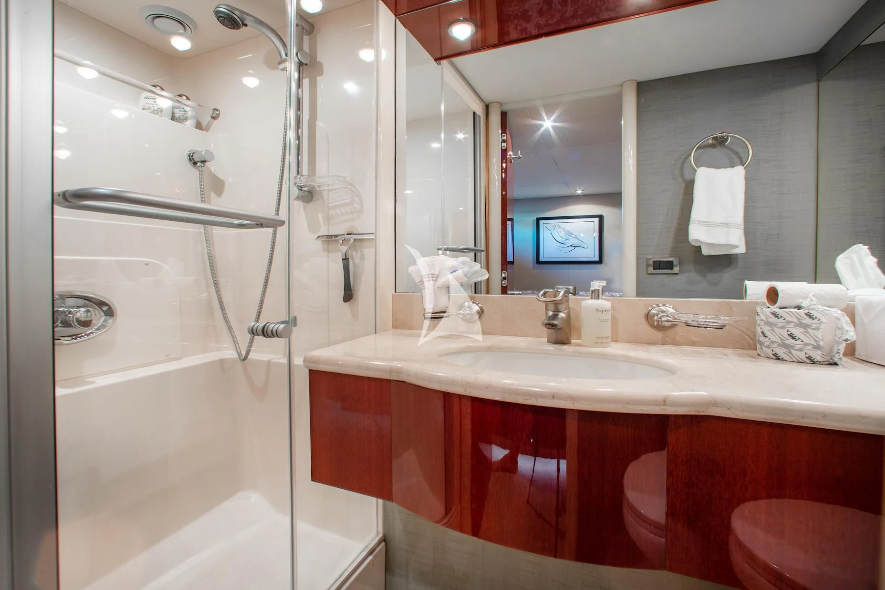 a bathroom with a large mirror aboard SUMMERWIND Yacht for Sale