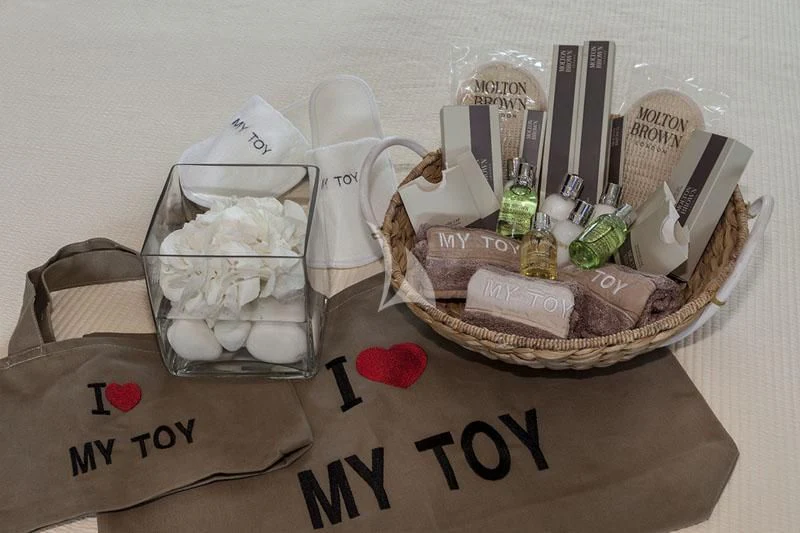 a basket of toiletries aboard MY TOY Yacht for Sale