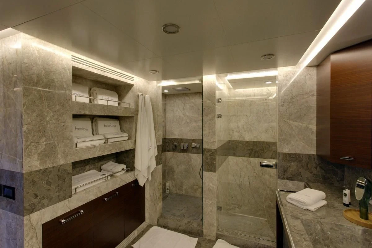 a bathroom with a shower aboard BEBE Yacht for Sale