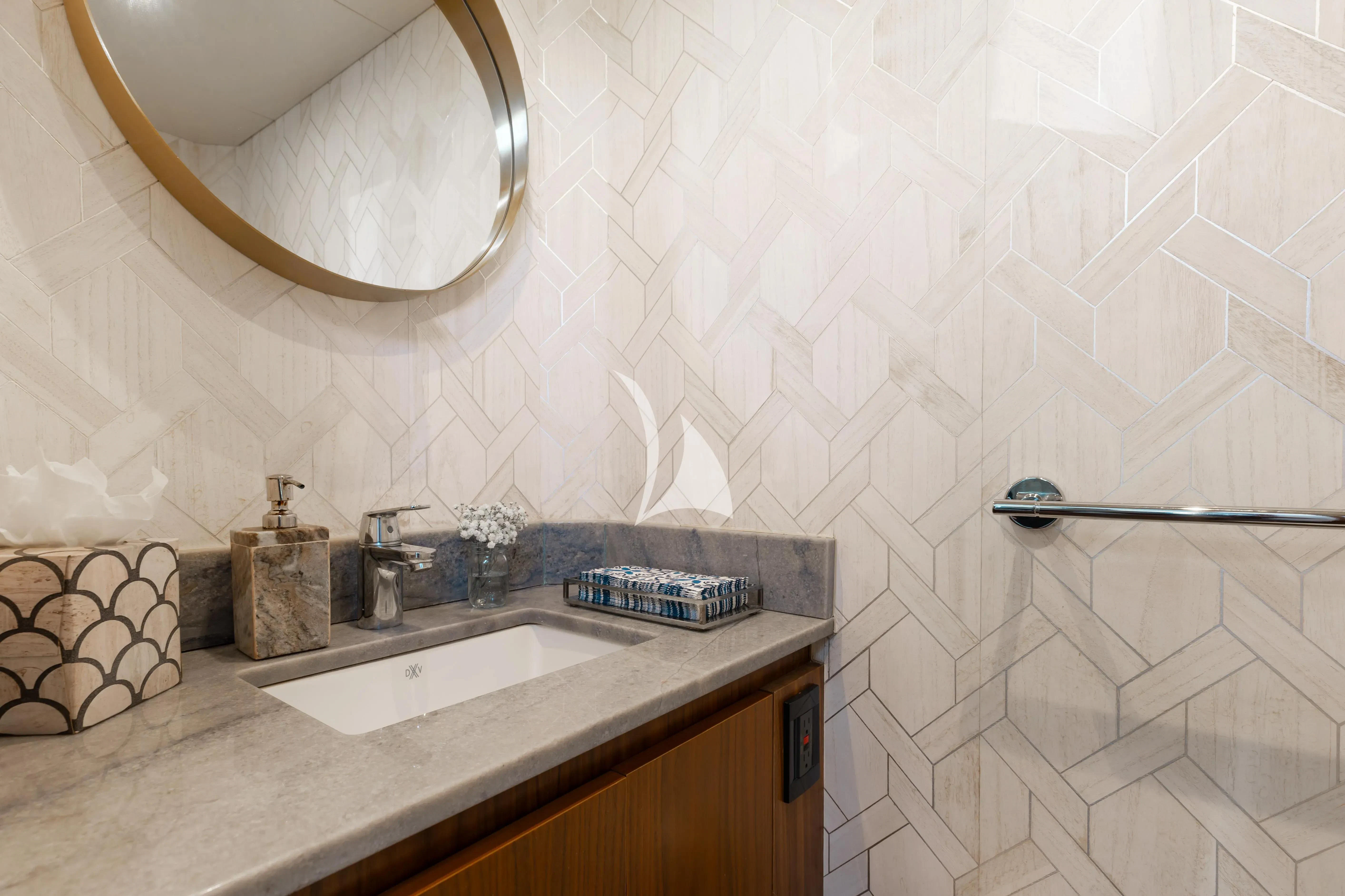 a bathroom with a mirror and a sink aboard A PLACE IN THE SUN Yacht for Sale